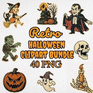 Pacchetto di clipart di adesivi vintage di Halloween / Clipart di Halloween / Halloween retrò / sublimazione di Halloween / png di sublimazione di Halloween retrò