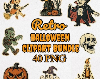 Vintage Halloween-clipartbundel | 40 retro png-stickers heksen spoken zwarte katten commercieel gebruik