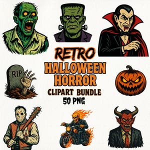 Retro Horror Clipart Bundle: Vintage Halloween Monster PNG Designs (Digital Download