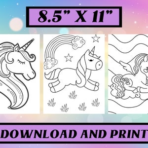 May include: Three black and white unicorn colouring pages. Each page features a different unicorn design, including a unicorn head, a running unicorn with a rainbow, and a winged unicorn on a cloud. The pages are 21.6 cm x 27.9 cm in size.