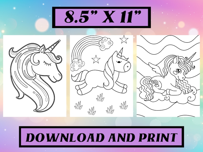 May include: Three black and white unicorn colouring pages. Each page features a different unicorn design, including a unicorn head, a running unicorn with a rainbow, and a winged unicorn on a cloud. The pages are 21.6 cm x 27.9 cm in size.