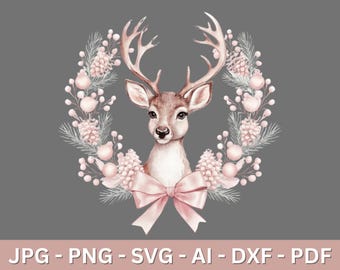 Pink Reindeer Wreath: Watercolor Christmas Design (Digital Download)