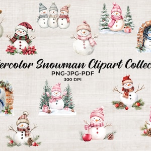 Watercolor Snowman Clipart: Christmas PNG, JPG, PDF (Digital Download)