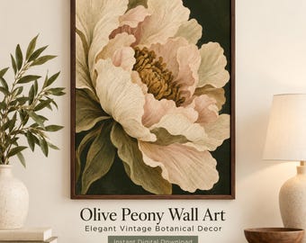 Botanical Peony Digital Wall Art, Moody Florals, Dark Floral, Neutral Decor