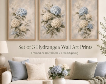 Hydrangea Wall Art Set of 3, Blue Botanical Prints, Framed or Unframed Home Decor