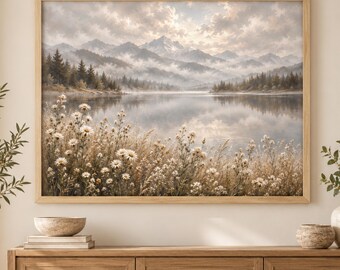 Woodland pond art print, neutral mountain landscape, serene lake wall decor
