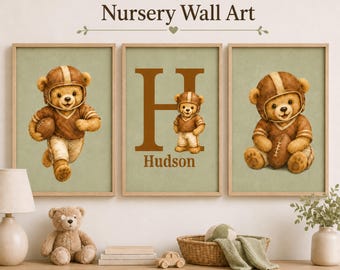 May include: Three framed wall art prints featuring light brown teddy bears wearing brown football helmets and jerseys. The left print shows a bear running with a football, the center has a large letter H and the name Hudson, and the right shows a bear sitting with a football. All prints have a sage green background.
