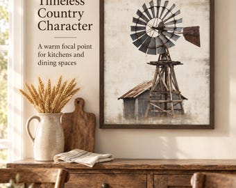 Rustic Farmhouse Windmill Wall Art, Vintage Barn Scene, Country Home Decor