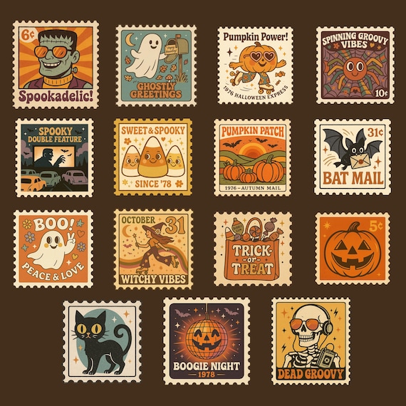 Vintage Halloween Postage Stamp Clipart PNG SVG | Retro Spooky