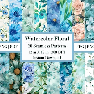 Watercolor Floral Digital Paper: Blue & Green Prints (JPG, PNG, PDF)