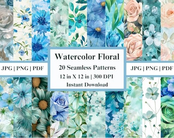 Watercolor Floral Digital Paper: Blue & Green Prints (JPG, PNG, PDF)
