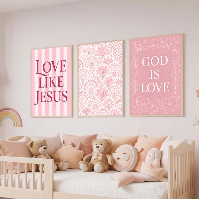 Pink Christian Pattern Pink Christian Wall Art Set of 6 – Scripture Prints for Girls Room ...