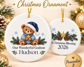 Personalized Godson Christmas Ornament, Custom Name, Teddy Bear Keepsake, Holiday Tree Decor
