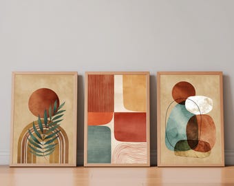 Mid Century Modern Boho Abstract Wall Art Set of 3, Terracotta Digital Prints