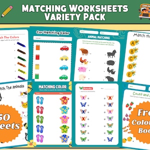 May include: A set of 50 printable worksheets for kids to practice matching colors, animals, letters, and counting. The worksheets feature colorful illustrations and are perfect for preschool and kindergarten.