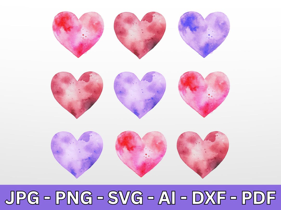 Watercolor Hearts PNG SVG: Valentine's Day Clipart (digital Download ...