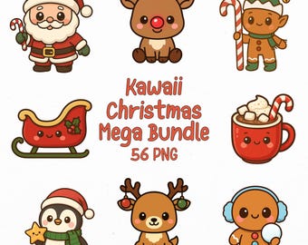 Zestaw świątecznych clipartów Kawaii – 56 obrazów PNG z uroczym Mikołajem, reniferem, elfem, pingwinem, saniami i kakao | 300 DPI Przezroczyste | Natychmiastowe pobranie