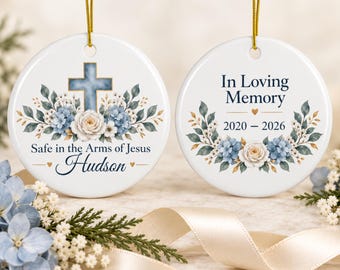 Loss of a Son Memorial Ornament, Personalized Name, Christian Sympathy Gift, Floral Cross Keepsake