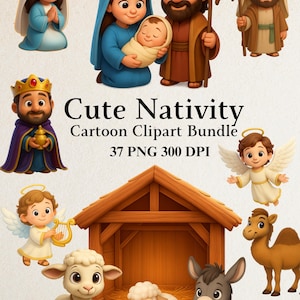 Cute Nativity Scene Clipart Bundle PNG | Christian Clipart | Christian Bundle | watercolor nativity clipart | Christmas religious | mary png