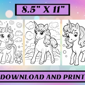 May include: Three black and white unicorn coloring pages. Each unicorn has a flowing mane and a horn. The pages are 21.6 cm x 27.9 cm and the text "DOWNLOAD AND PRINT" is at the bottom.