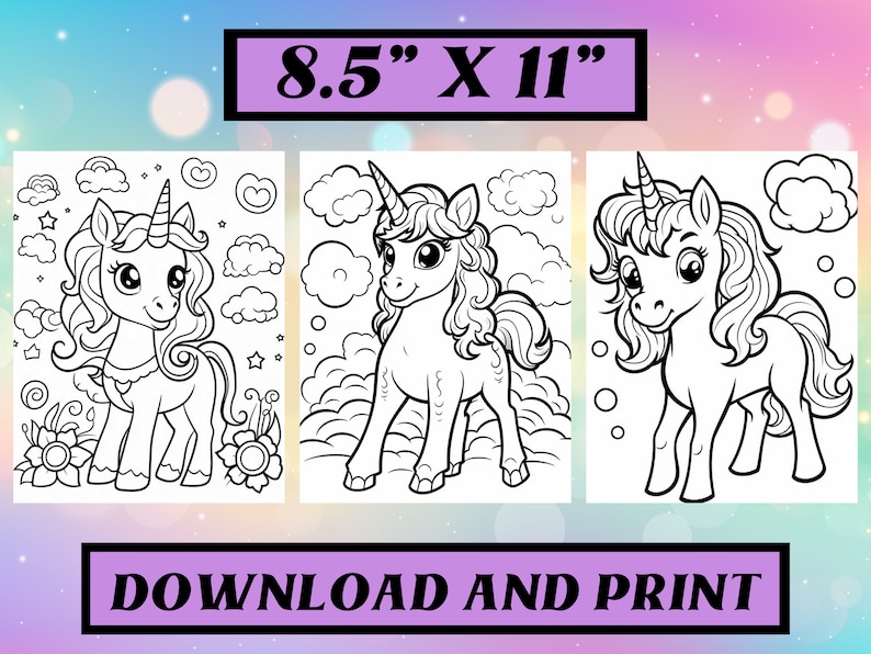 May include: Three black and white unicorn coloring pages. Each unicorn has a flowing mane and a horn. The pages are 21.6 cm x 27.9 cm and the text "DOWNLOAD AND PRINT" is at the bottom.