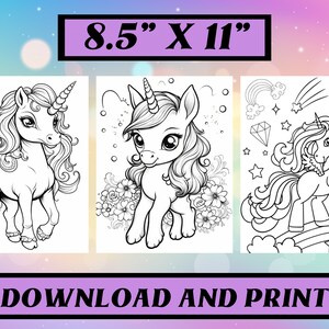 May include: Three black and white unicorn colouring pages. The pages are 21.6 cm x 27.9 cm and feature different unicorn designs. The text "DOWNLOAD AND PRINT" is at the bottom of the image.