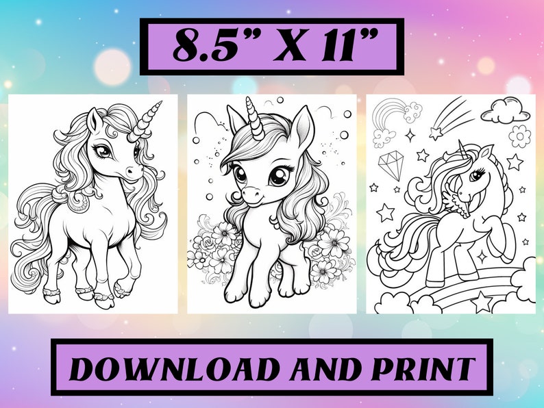 May include: Three black and white unicorn colouring pages. The pages are 21.6 cm x 27.9 cm and feature different unicorn designs. The text "DOWNLOAD AND PRINT" is at the bottom of the image.