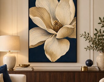 Navy Gold Magnolia Botanical Print, Luxury Flower Art (Digital Download)