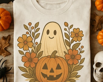 Retro Floral Ghost PNG | Boho Halloween Clipart Pumpkin Flowers Vintage Ghost Shirt Sublimation