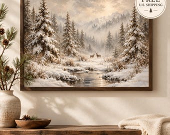 Winters Hidden Haven Wall Art, Snowy Forest, Deer Landscape, Mountain Decor