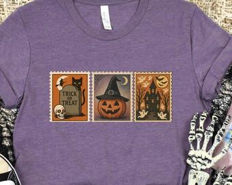 Vintage Halloween Trio Stamp Design,  Retro Halloween Cat Ghost Png, Girly Halloween Png, Fall Png, Halloween Png, Spooky Season Png
