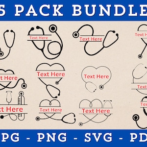 Puede incluir: Un conjunto de 25 diseños de estetoscopios negros, cada uno con espacio para texto. Los estetoscopios tienen varias formas, incluyendo diseños de corazón y circulares. La imagen también incluye etiquetas de tipo de archivo: JPG, PNG, SVG y PDF.