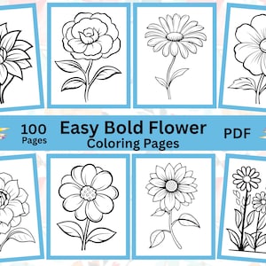 May include: A set of 100 easy bold flower coloring pages in PDF format. The pages feature simple black and white outlines of various flowers, perfect for kids to color.