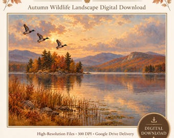 Vintage Mallard Autumn Lake Wall Art, Printable Landscape, Flying Ducks, Rustic Lodge Decor