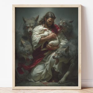 Op de afbeelding: Een ingelijste prent toont een religieuze scène. Een figuur in witte gewaden en een rode sjerp houdt een lam vast, omringd door grommende wolven. Het kunstwerk heeft een dramatische, schilderachtige stijl met een donkere, sombere sfeer.