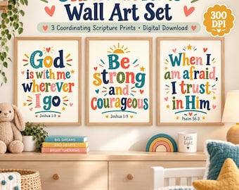 Christian Kids Scripture Wall Art Set, Bible Verse Printables, Colorful Nursery Decor