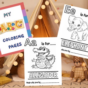 ABC Coloring Book, abc coloring pages, baby shower games, baby shower activities, baby shower activity book, abc book baby shower