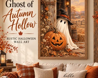 Vintage Ghost Halloween Wall Art, Witch Hat, Jack O Lantern, Rustic Autumn Decor