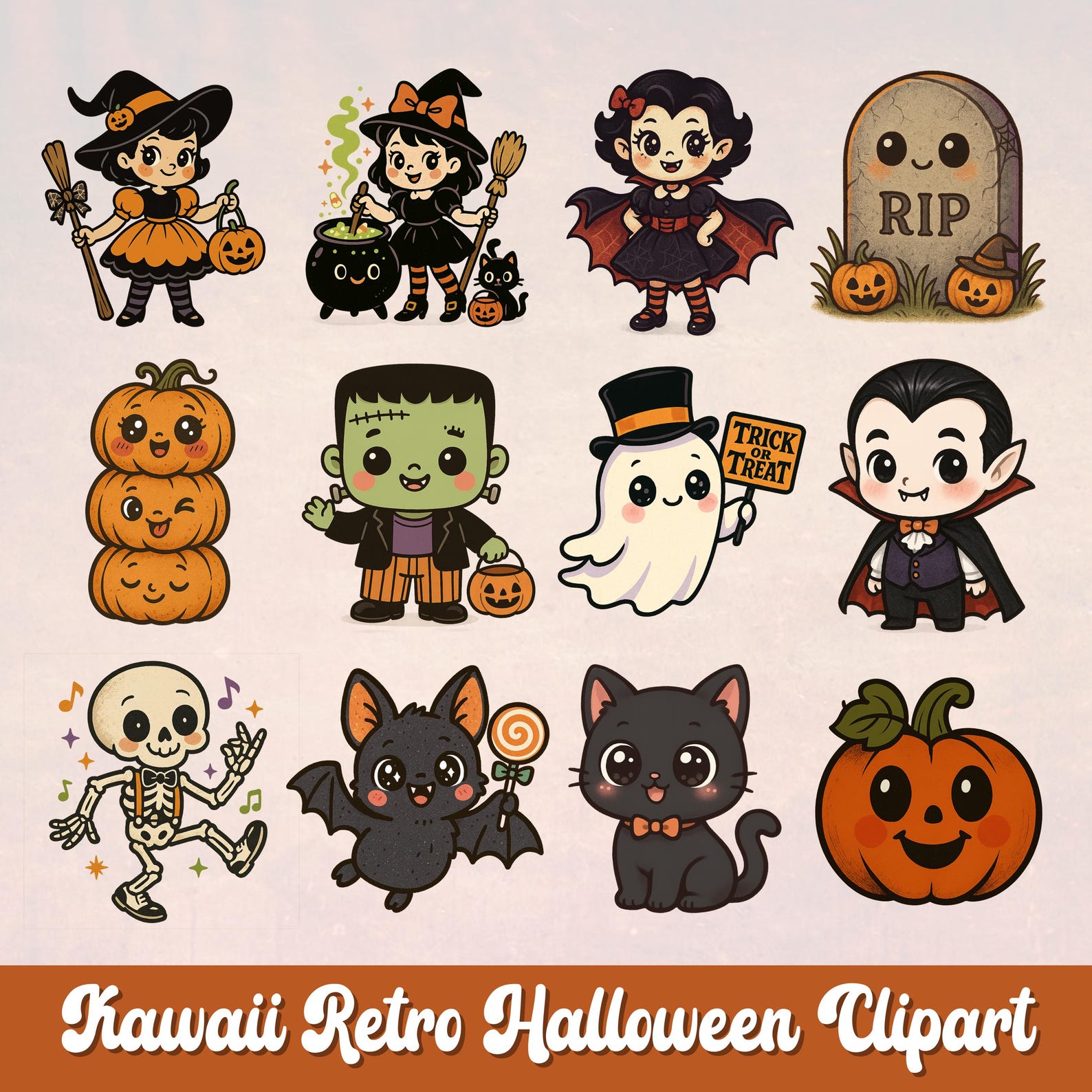 Kawaii Retro Halloween Clipart Bundle | Vintage Halloween Sticker Png ...