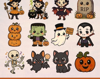 Kawaii Retro Halloween Clipart Bundle | Vintage halloween sticker png | retro halloween clipart bundle | spooky season png svg |cute clipart