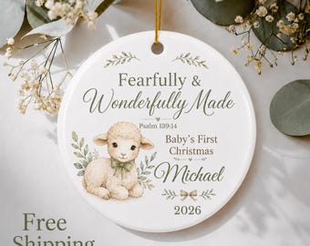 Baby's First Christmas Ornament Personalized Lamb Fearfully Wonderfully Made Psalm Baptism Keepsake Gift