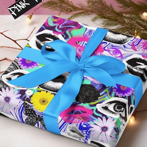 Clueless cool iconic fashionista lips eyes flower motif Electrify Your Gifting Game with Kaleidoscopic Eye & Floral fashion gift wrap