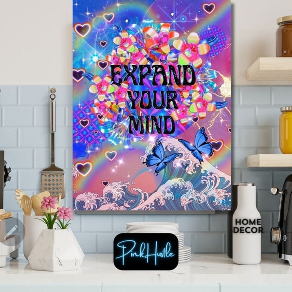 Expand your mind trippy butterfly Print, whimsical waves, rainbows, hearts,Hawaiian flowers,beautiful Premium Matte Poster,new home gift