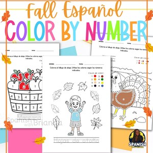 Pode incluir: Folhas de atividades de colorir por n&uacute;mero em espanhol com uma cesta de ma&ccedil;&atilde;s, um menino com folhas de outono e um peru. As folhas incluem uma chave de cor com n&uacute;meros e cores correspondentes.