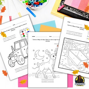 Pode incluir: Folhas de atividades de colorir por n&uacute;meros com um trator, um veado e uma carriola. As folhas incluem uma chave de cor com n&uacute;meros e as cores correspondentes.