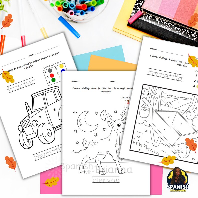 Pode incluir: Folhas de atividades de colorir por n&uacute;meros com um trator, um veado e uma carriola. As folhas incluem uma chave de cor com n&uacute;meros e as cores correspondentes.