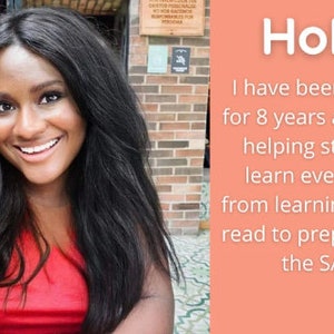 Pode incluir: Uma mulher com cabelo comprido e preto sorri para a c&acirc;mera. Ela est&aacute; vestindo um top vermelho sem mangas. O texto "Hola! I have been a tutor for 8 years and I love helping students learn everything from learning how to read to preparing for the SAT!" est&aacute; escrito em branco em um fundo p&ecirc;ssego.