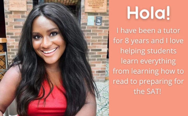 Pode incluir: Uma mulher com cabelo comprido e preto sorri para a c&acirc;mera. Ela est&aacute; vestindo um top vermelho sem mangas. O texto "Hola! I have been a tutor for 8 years and I love helping students learn everything from learning how to read to preparing for the SAT!" est&aacute; escrito em branco em um fundo p&ecirc;ssego.