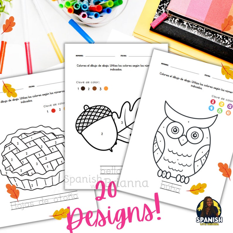 Pode incluir: Um conjunto de 20 p&aacute;ginas para colorir imprim&iacute;veis com imagens de outono, como uma bolota, uma coruja e uma torta. Cada p&aacute;gina inclui uma chave de cor e n&uacute;meros para guiar o processo de colorir. O texto "20 Designs!" &eacute; exibido em uma fonte grande.
