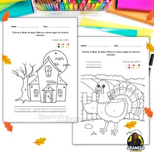 Pode incluir: Duas p&aacute;ginas para colorir em preto e branco para crian&ccedil;as. A primeira p&aacute;gina apresenta uma casa assombrada com lua cheia e morcegos. A segunda p&aacute;gina apresenta um peru com uma cerca e uma pedra. Ambas as p&aacute;ginas t&ecirc;m uma chave de cor com n&uacute;meros e cores correspondentes.